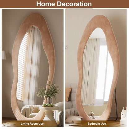 71.1"X30" Oversize Full Length Mirror Irregular Cloud Floor Mirror with Flannel Frame, Light Brown