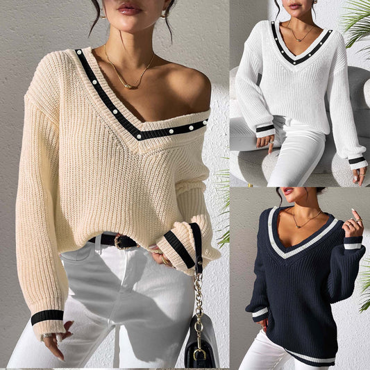 Women's Color Contrast Patchwork V-neck Long Sleeve Sweater ✨