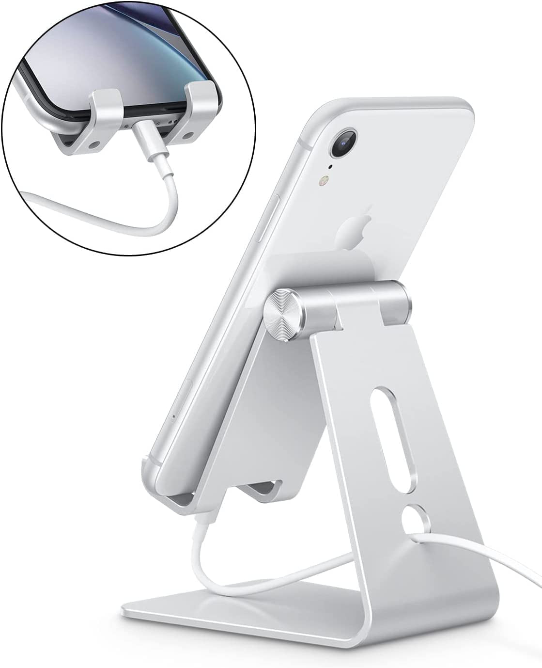 Adjustable Cell Phone Stand,  Aluminum Desktop Cellphone Stand with Anti-Slip Base and Convenient Charging Port, Fits All Smart Phones, Silver