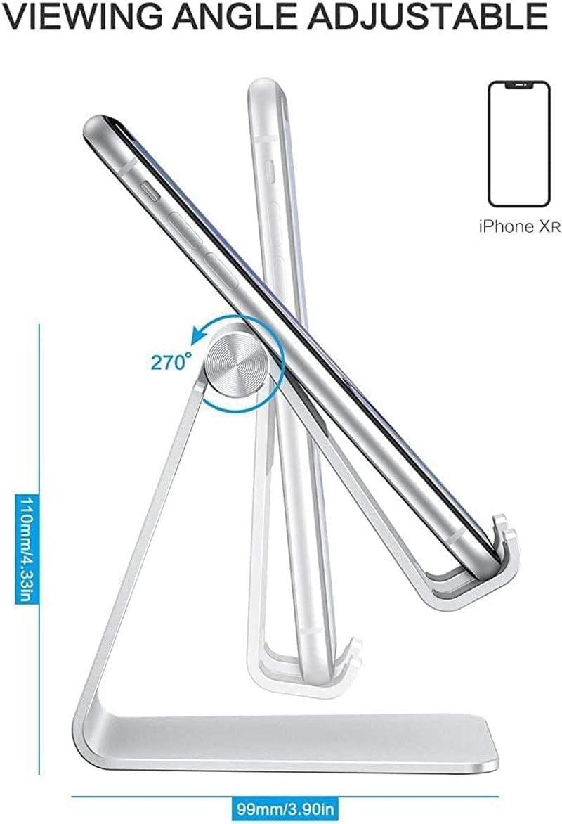 Adjustable Cell Phone Stand,  Aluminum Desktop Cellphone Stand with Anti-Slip Base and Convenient Charging Port, Fits All Smart Phones, Silver