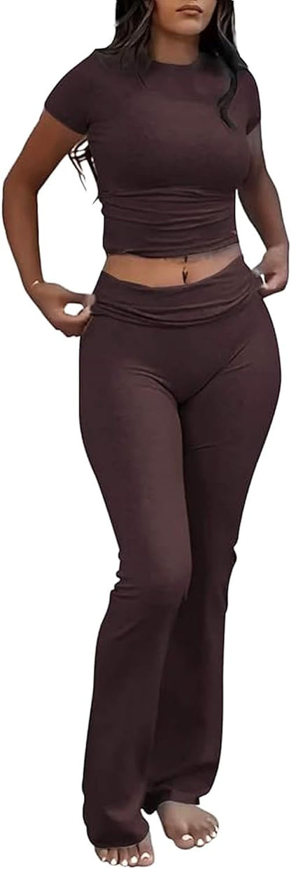 Women'S 2 Piece Lounge Outfits Slim Short Sleeve Tops Low Rise Flare Leggings Sets Yoga Sweatsuit