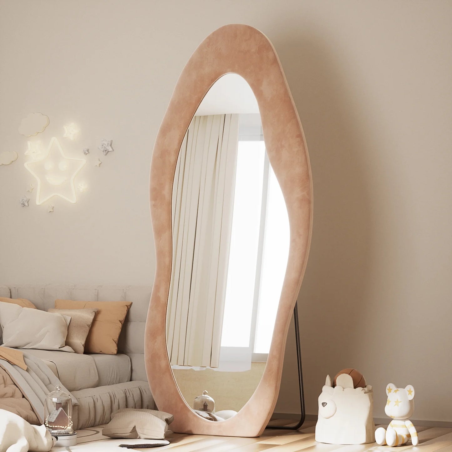 71.1"X30" Oversize Full Length Mirror Irregular Cloud Floor Mirror with Flannel Frame, Light Brown