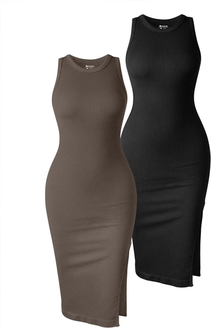 Women'S 2 Piece Dress Sexy Ribbed Halter Neck Fashion Split Tank Tops Dresses