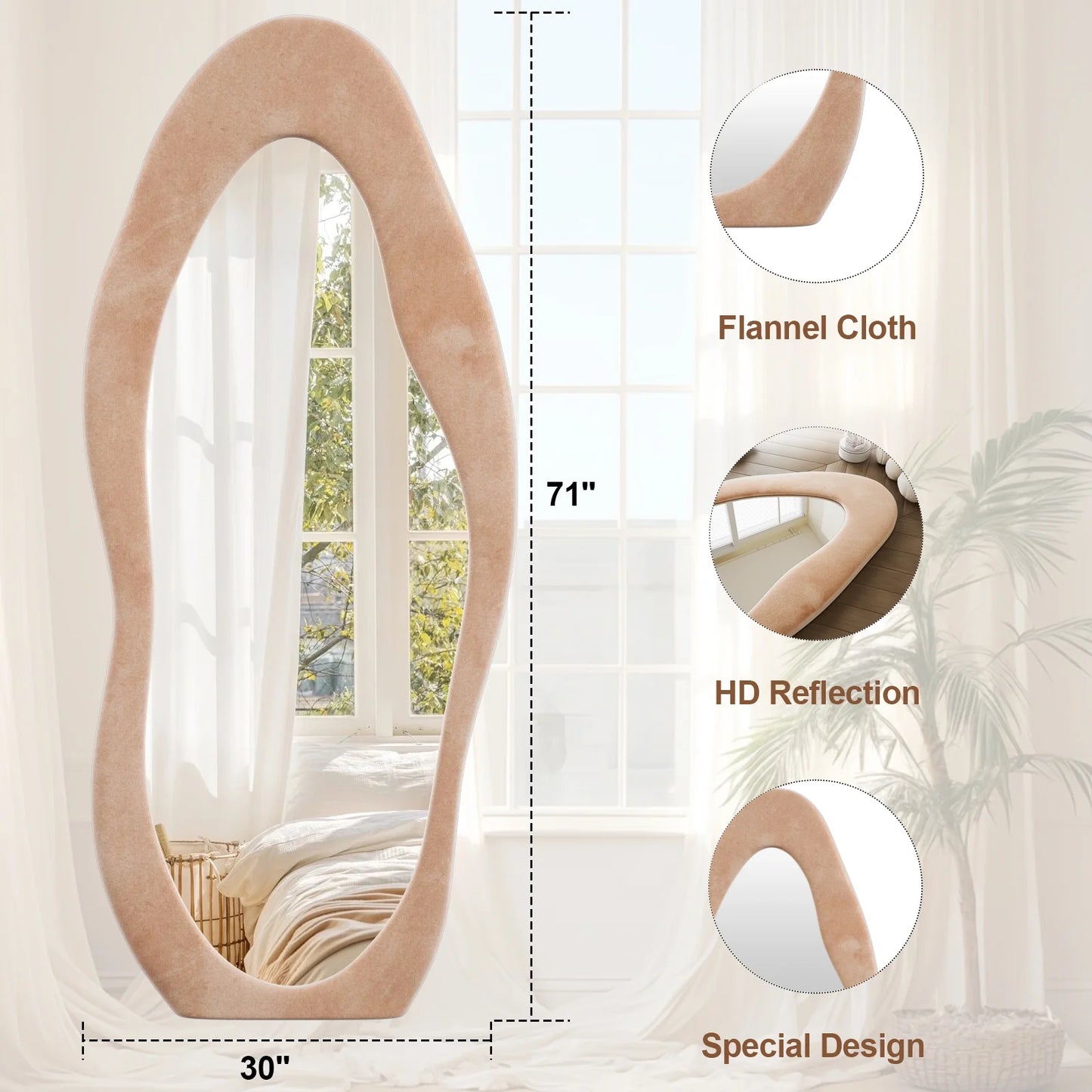 71.1"X30" Oversize Full Length Mirror Irregular Cloud Floor Mirror with Flannel Frame, Light Brown